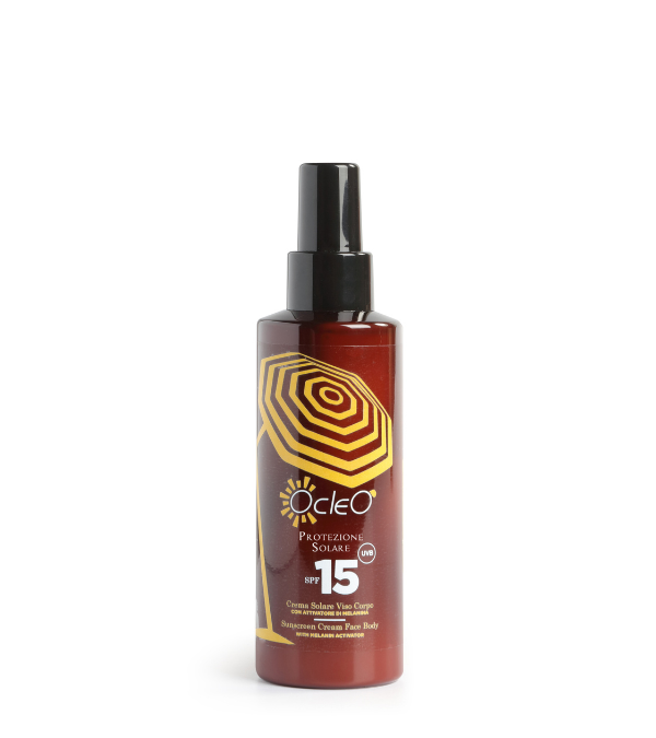 CREMA SOLARE VISO CORPO - SPF 15 SPRAY con Attivatore di Melanina Ocleò ml 150  PROTEZIONE MEDIA