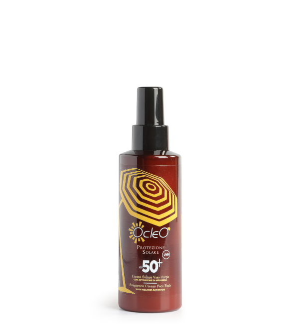 CREMA SOLARE VISO CORPO - SPF 50+ SPRAY con Attivatore di Melanina Ocleò ml 150 PROTEZIONE MOLTO ALTA